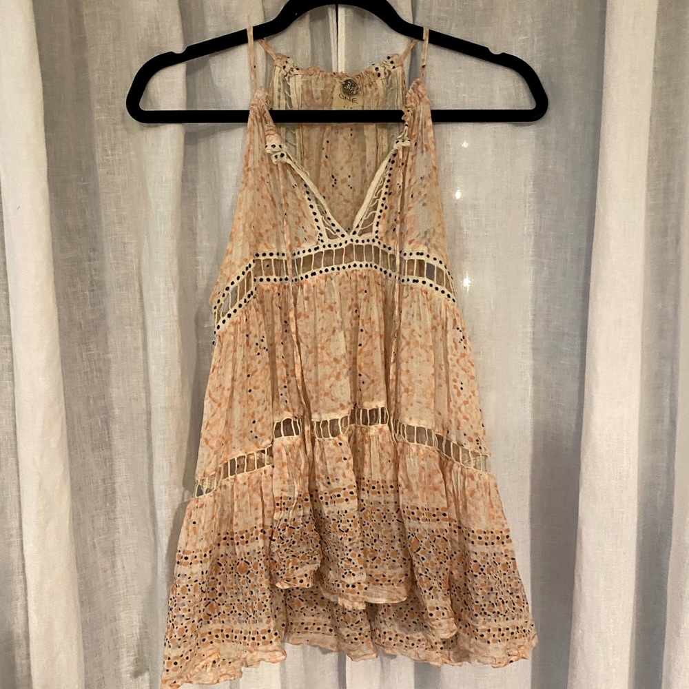 Free People pink printed top with lace insets